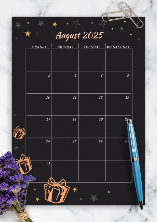 Black August 2025 Birthday Calendar