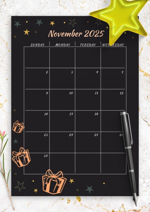 Black November 2025 Birthday Calendar
