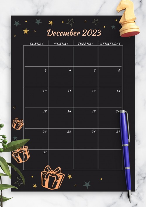 Black December 2023 Birthday Calendar