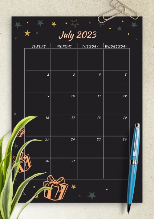 Black July 2023 Birthday Calendar