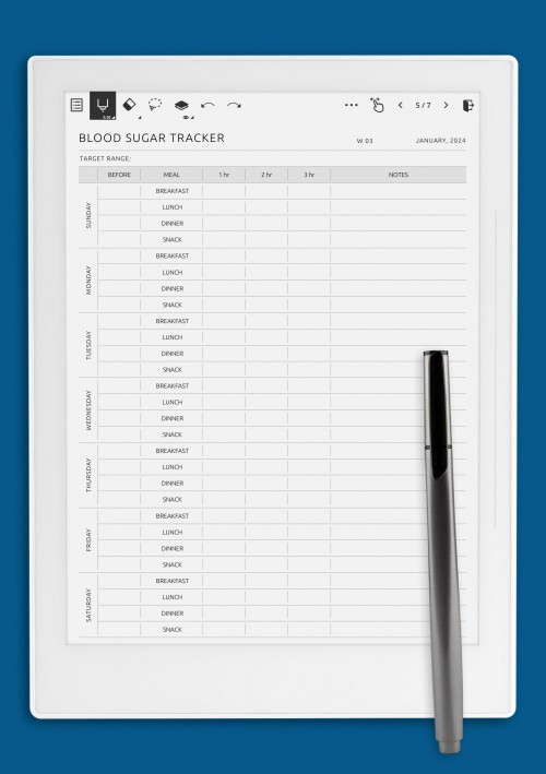 Blood Sugar Tracker - Original Style Template for Supernote A5X