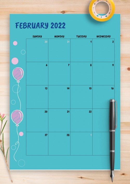 Blue February 2022 Birthday Calendar