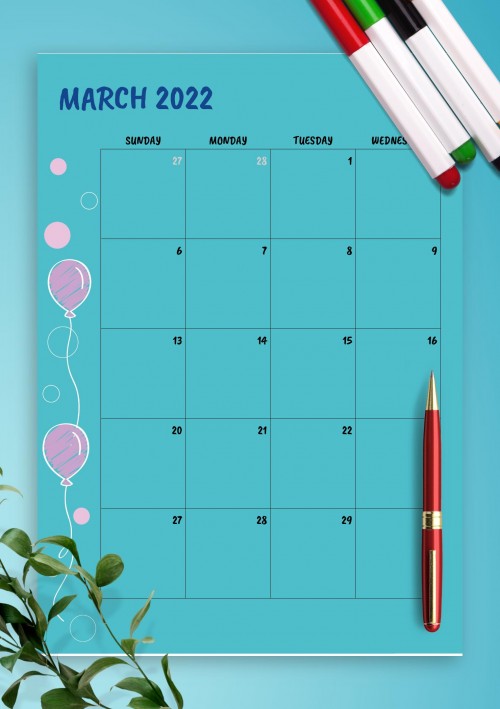 Blue March 2022 Birthday Calendar