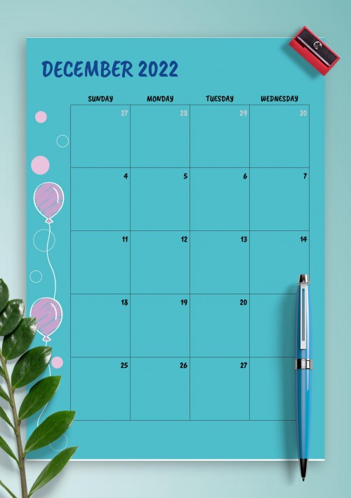 Blue December 2022 Birthday Calendar