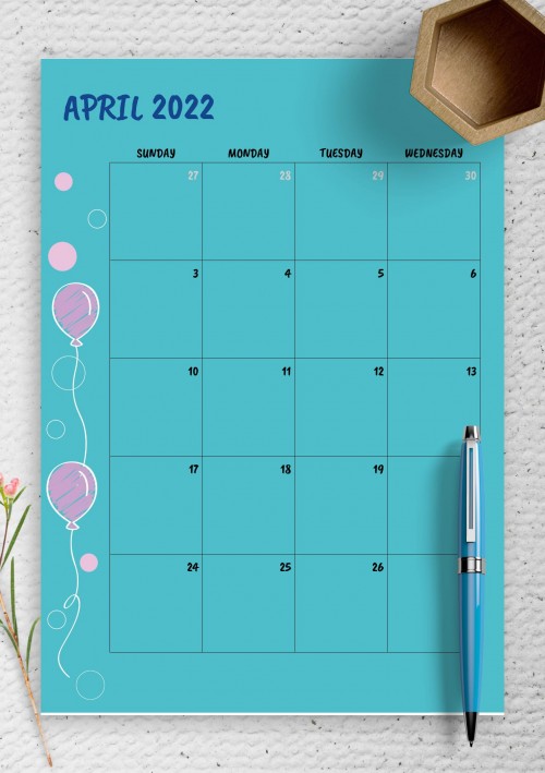 Blue April 2022 Birthday Calendar