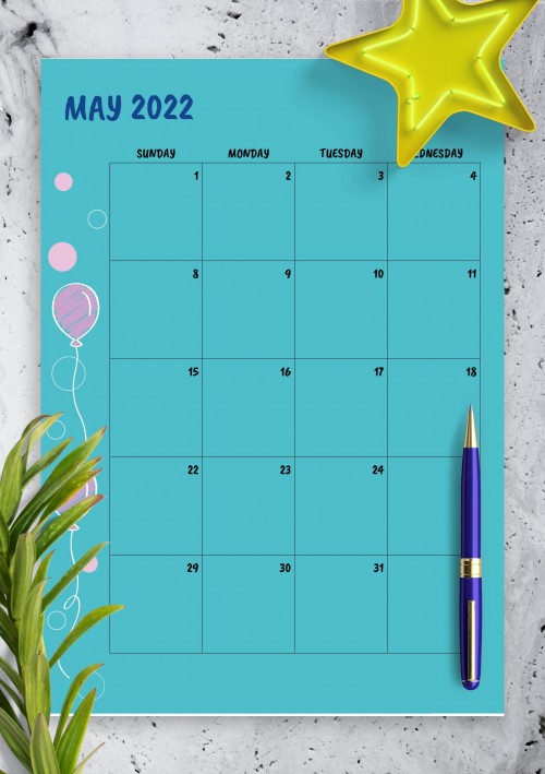 Blue May 2022 Birthday Calendar