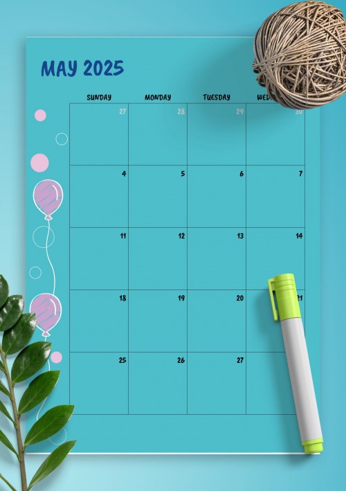 Blue May 2025 Birthday Calendar