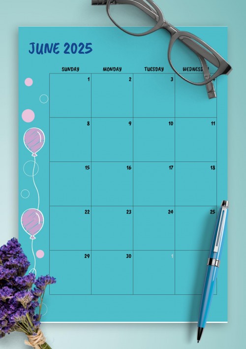 Blue June 2025 Birthday Calendar