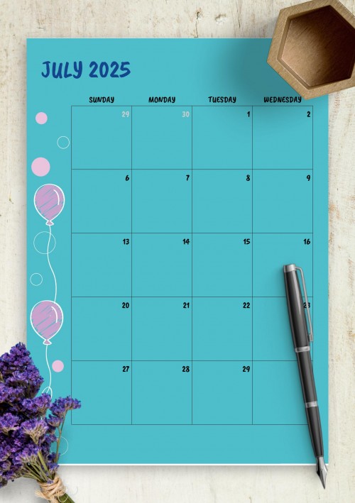 Blue July 2025 Birthday Calendar
