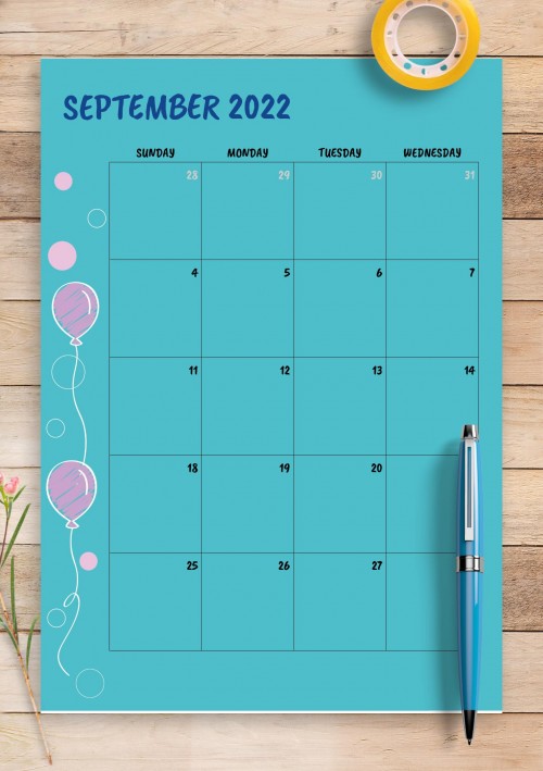 Blue September 2022 Birthday Calendar