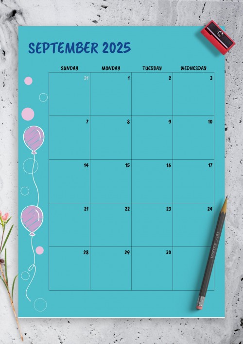 Blue September 2025 Birthday Calendar