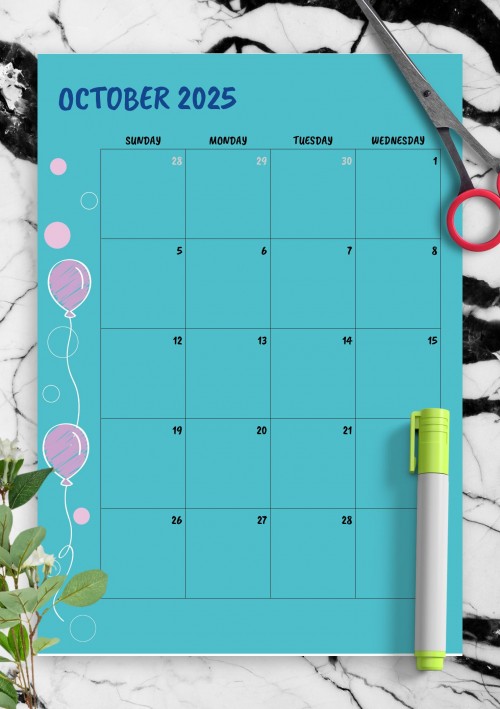 Blue October 2025 Birthday Calendar