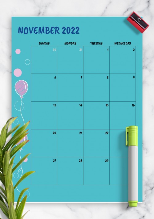 Blue November 2022 Birthday Calendar