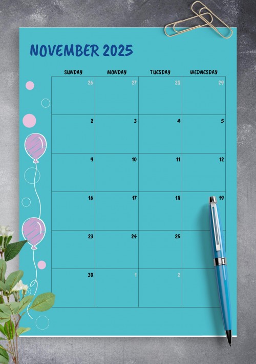 Blue November 2025 Birthday Calendar