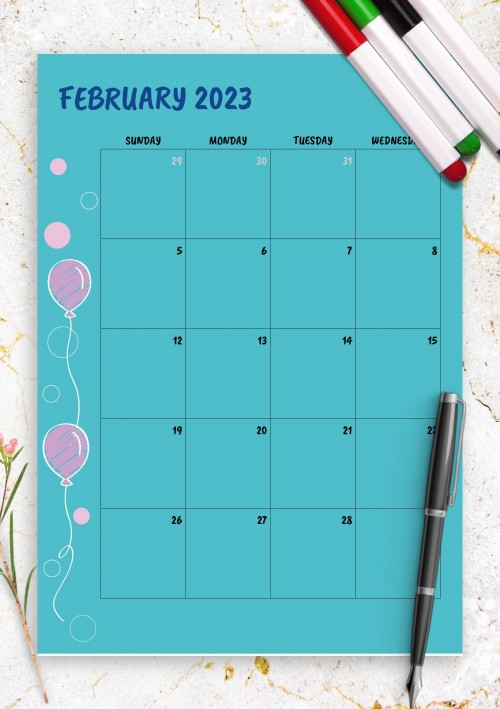 Blue February 2023 Birthday Calendar
