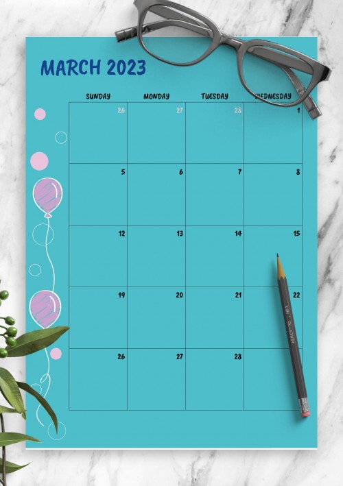 Blue March 2023 Birthday Calendar