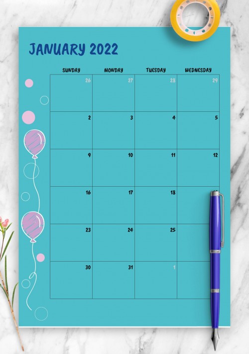 Blue January 2022 Birthday Calendar