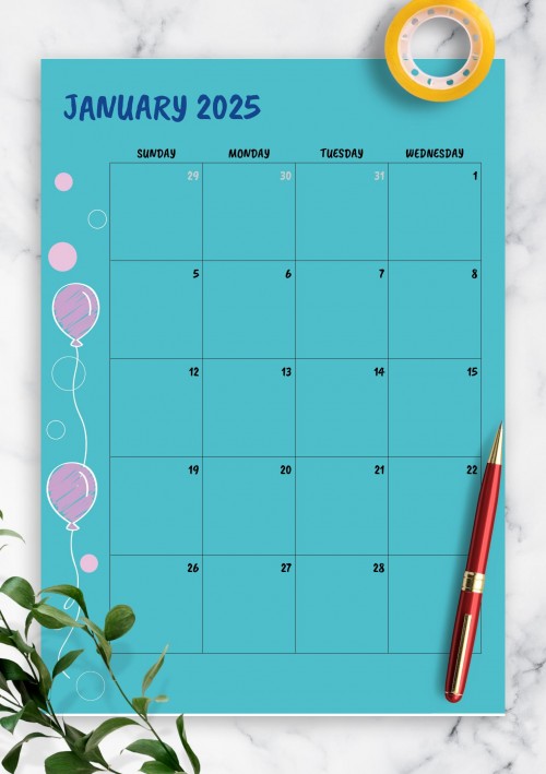 Blue January 2025 Birthday Calendar