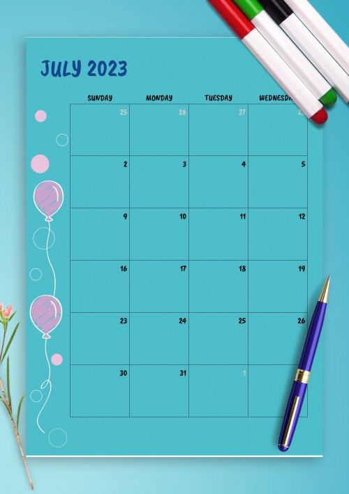 Blue July 2023 Birthday Calendar