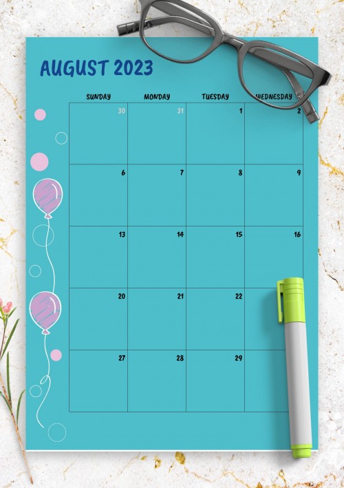 Blue August 2023 Birthday Calendar