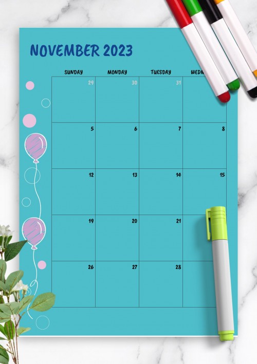 Blue November 2023 Birthday Calendar
