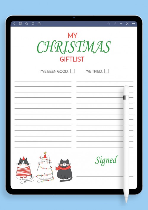 Template for Notability Christmas Gift List With Funny Cats