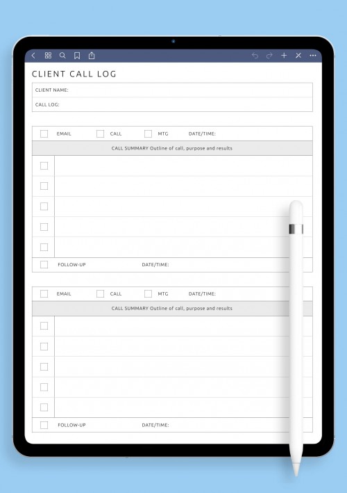 Client Call Log Template for iPad