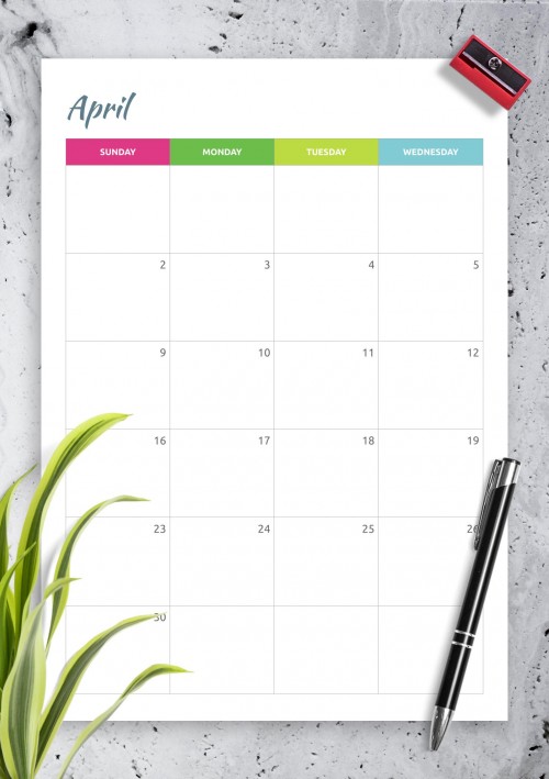 Colored Horizontal April Calendar