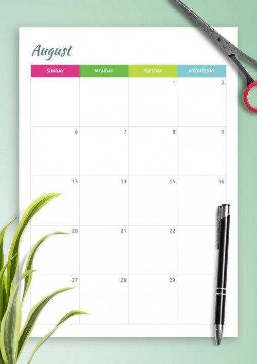 Colored Horizontal August Calendar