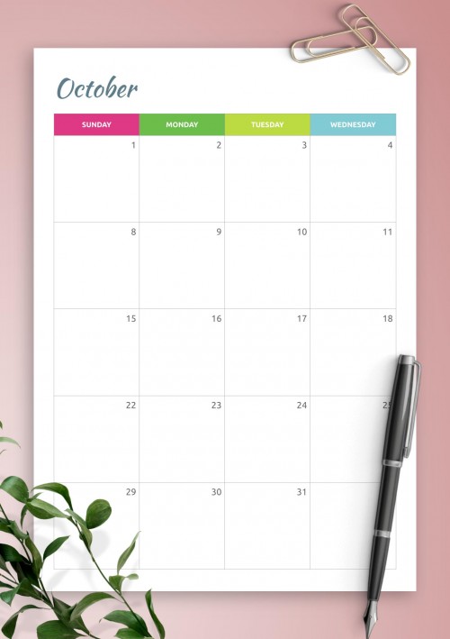 Colored Horizontal October Calendar
