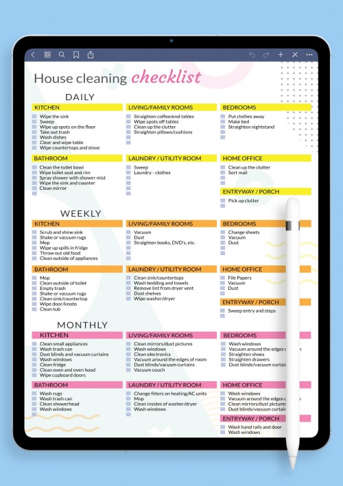 Colored House Cleaning Checklist Template for GoodNotes