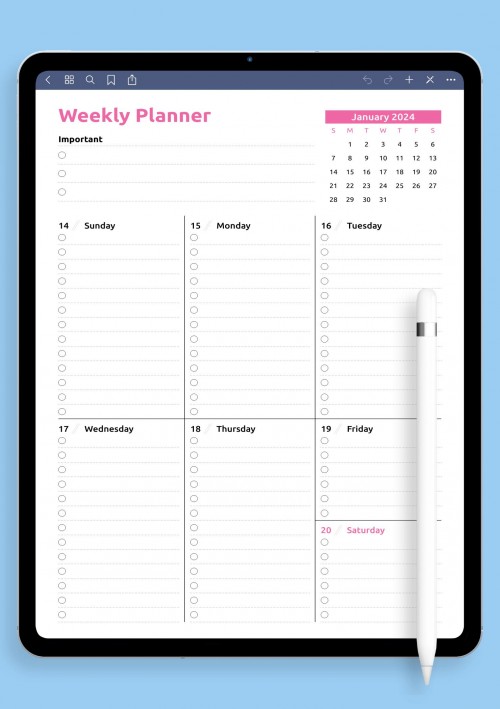Colored one-page weekly planner template for Ipad