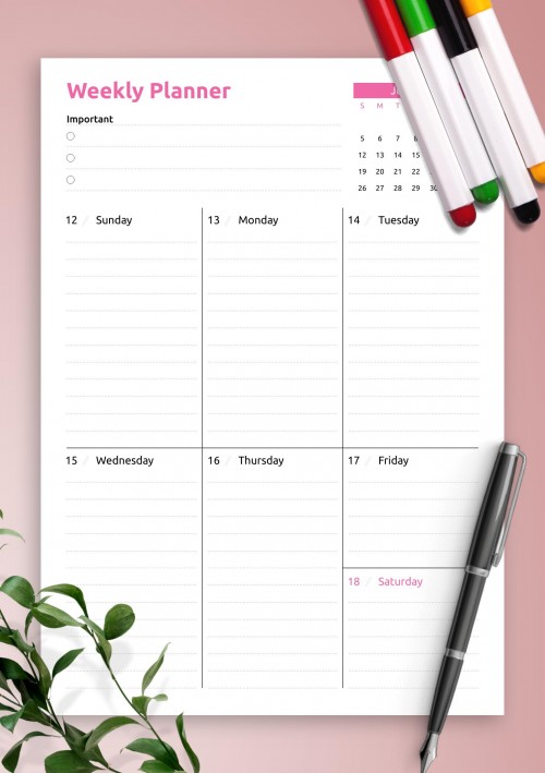 June 2022 Colored one-page weekly planner