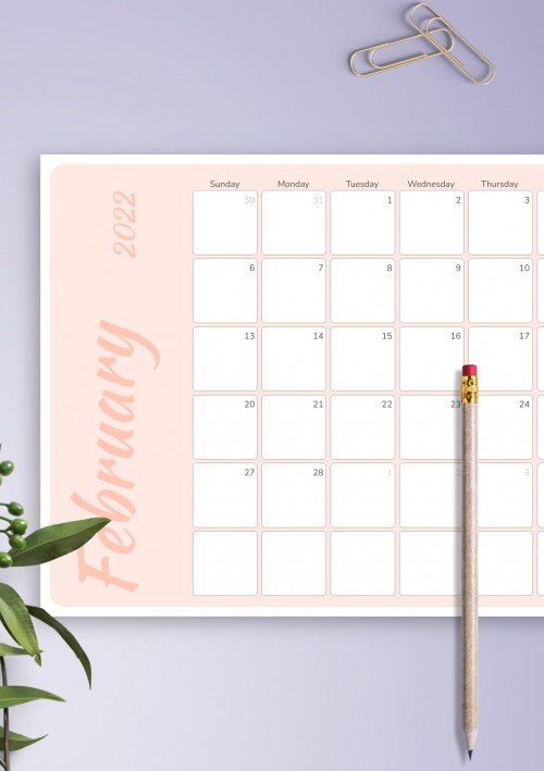 Colored Pink February 2022 Calendar