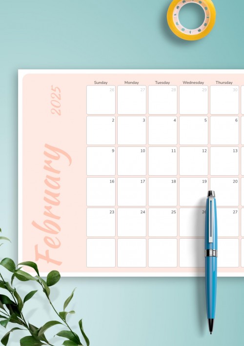 Colored Pink February 2025 Calendar