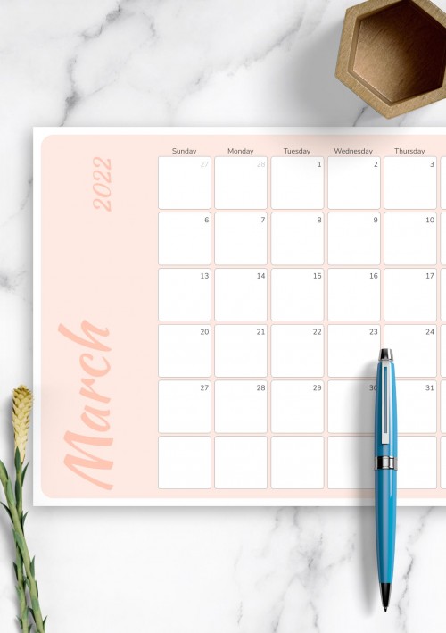 Colored Pink March 2022 Calendar