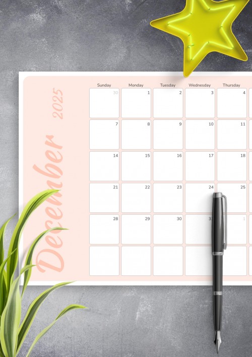 Colored Pink December 2025 Calendar