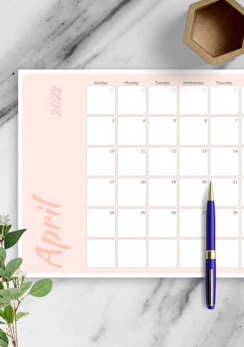 Colored Pink April 2022 Calendar