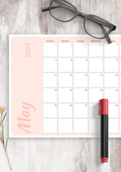 Colored Pink May 2025 Calendar
