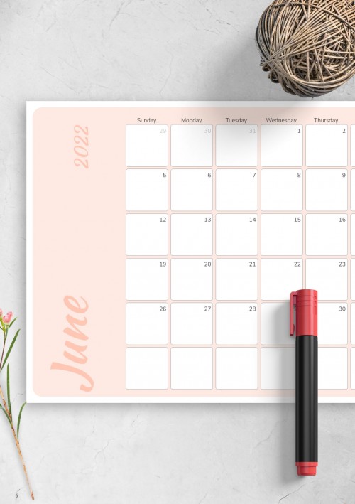Colored Pink June 2022 Calendar