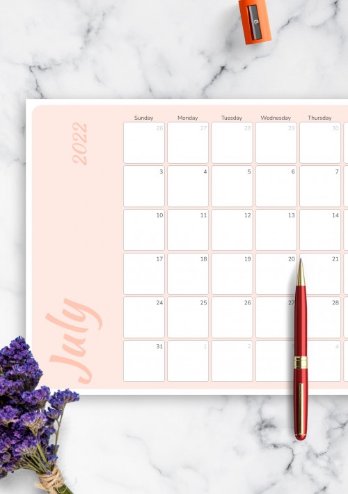 Colored Pink July 2022 Calendar