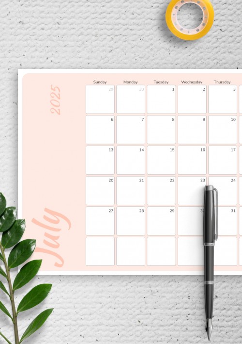 Colored Pink July 2025 Calendar