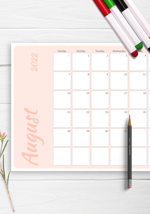 Colored Pink August 2022 Calendar