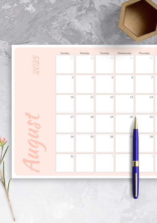 Colored Pink August 2025 Calendar