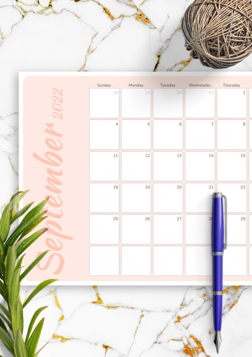 Colored Pink September 2022 Calendar