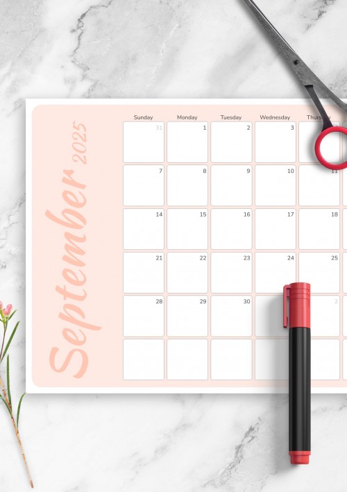 Colored Pink September 2025 Calendar