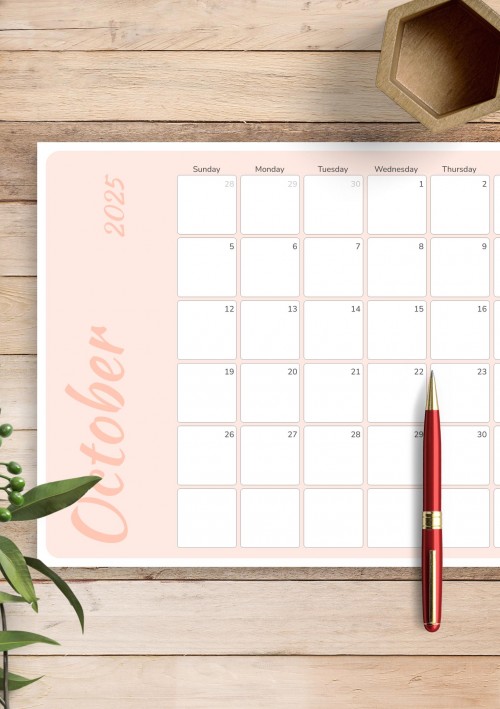 Colored Pink October 2025 Calendar
