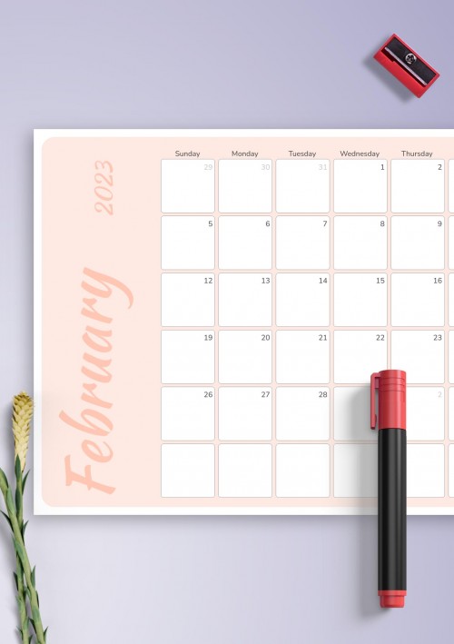 Colored Pink February 2023 Calendar
