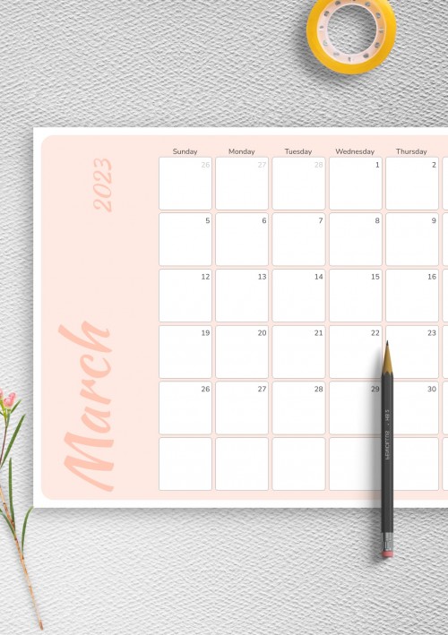 Colored Pink March 2023 Calendar