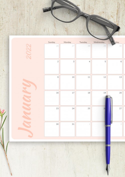 Colored Pink January 2022 Calendar